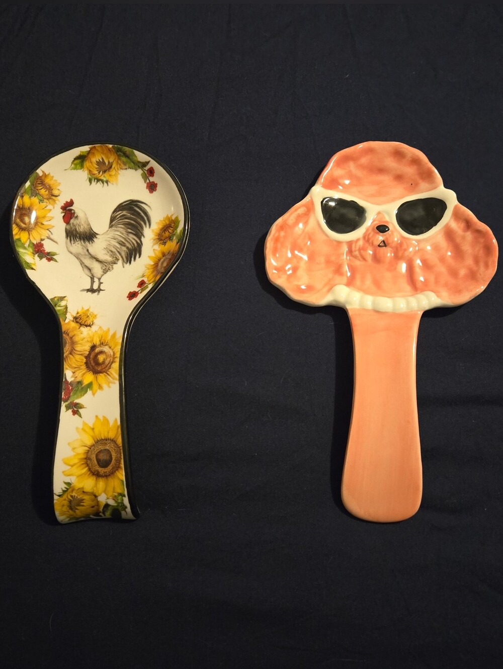 Cracker Barrel Pink Poodle / Rooster & Sunflowers Ceramic Spoon Rests Set Of 2